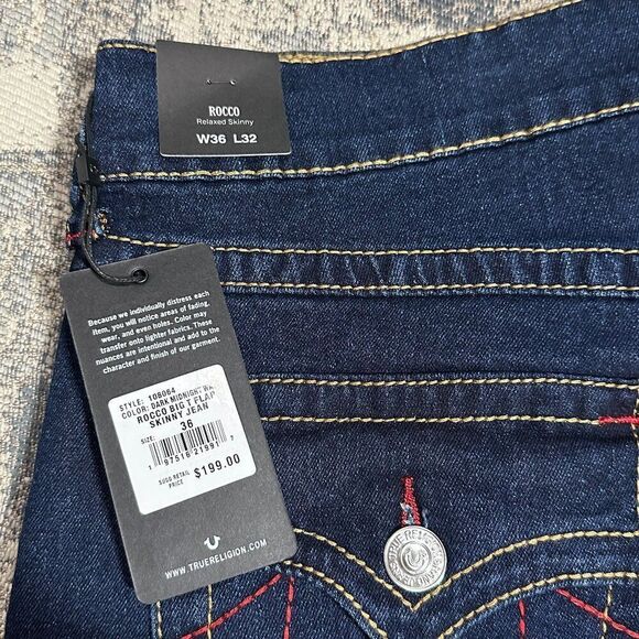 NWT True Religion Men Jeans Blue ROCCO Big T Flap Relaxed Skinny $199 size 34 36 - Picture 12 of 16
